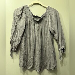 Gray-Green Off Shoulder Smocked Blouse with Tie Sleeves